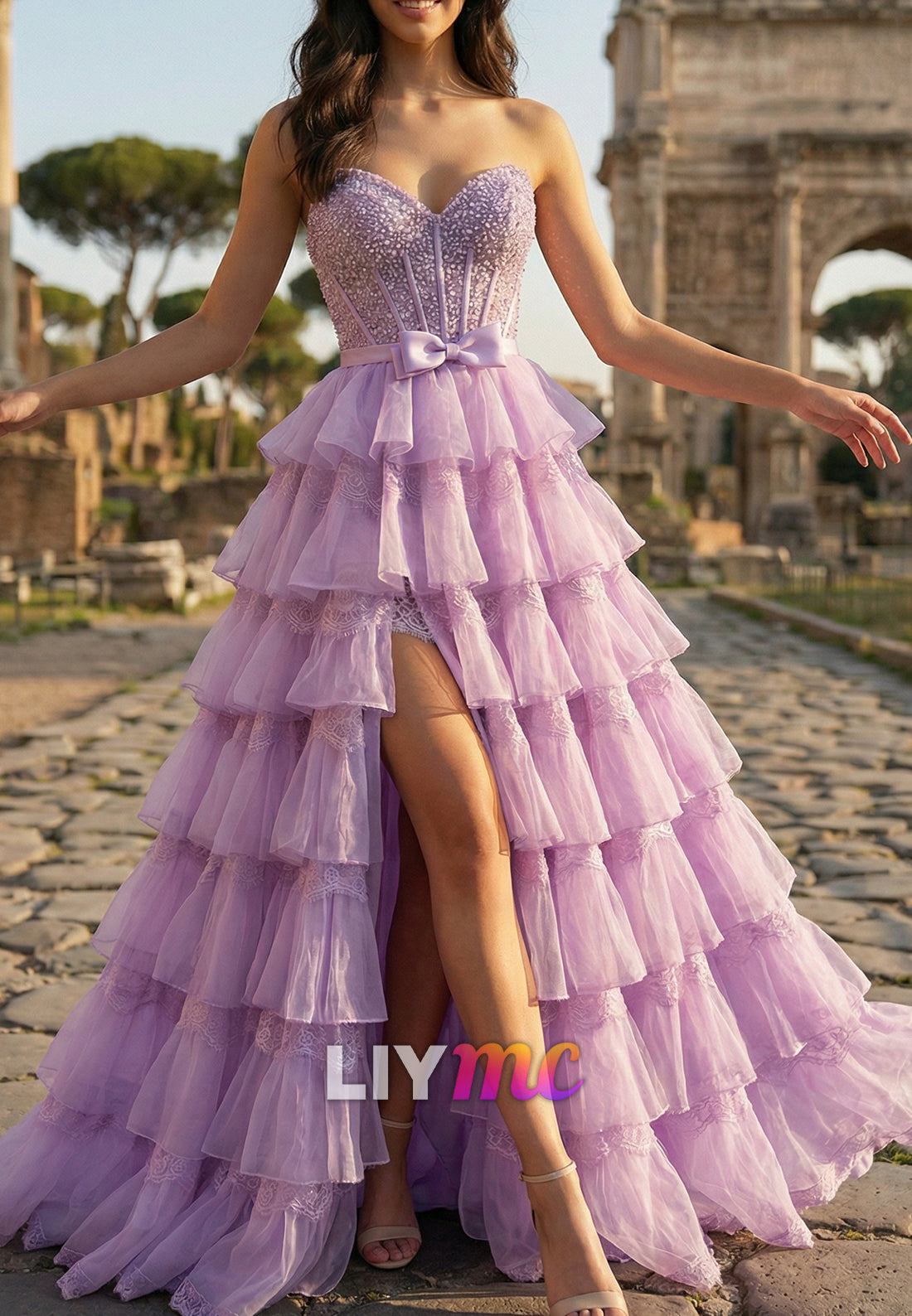 Sweetheart Beaded Chiffon Tiered A-Line Prom Dress