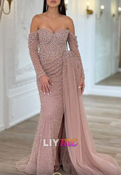 Sweetheart Beaded Embroidery Pearl Sparkly Mermaid Prom Dress