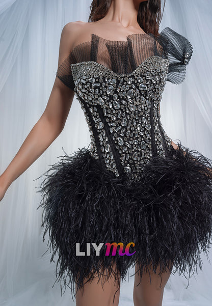 Sweetheart Beaded Feathered A-Line Party Homecoming Dress