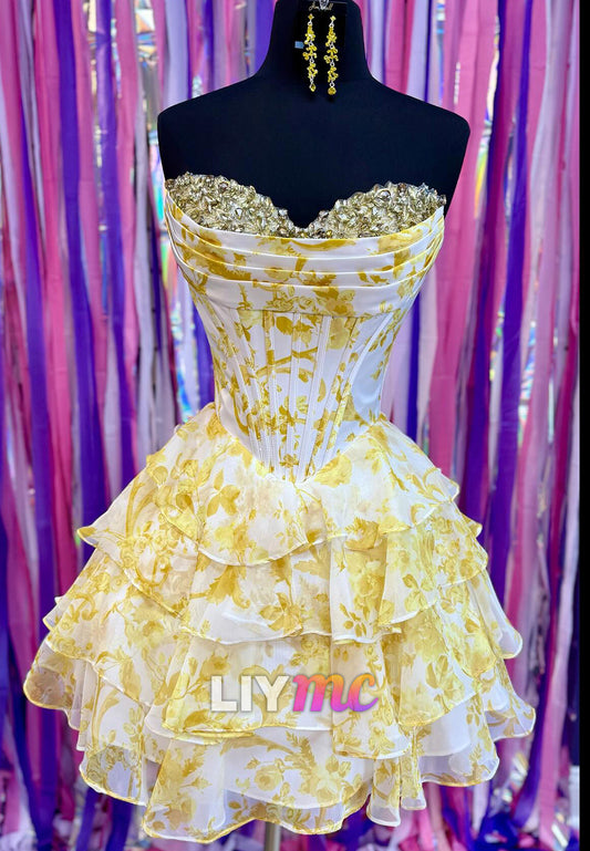 Sweetheart Beaded Floral Printed A-Line Chiffon Party Homecoming Dress