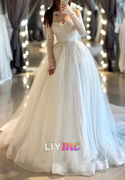 Sweetheart Beaded Long Sleeves Tulle Ball Gown Wedding Dress