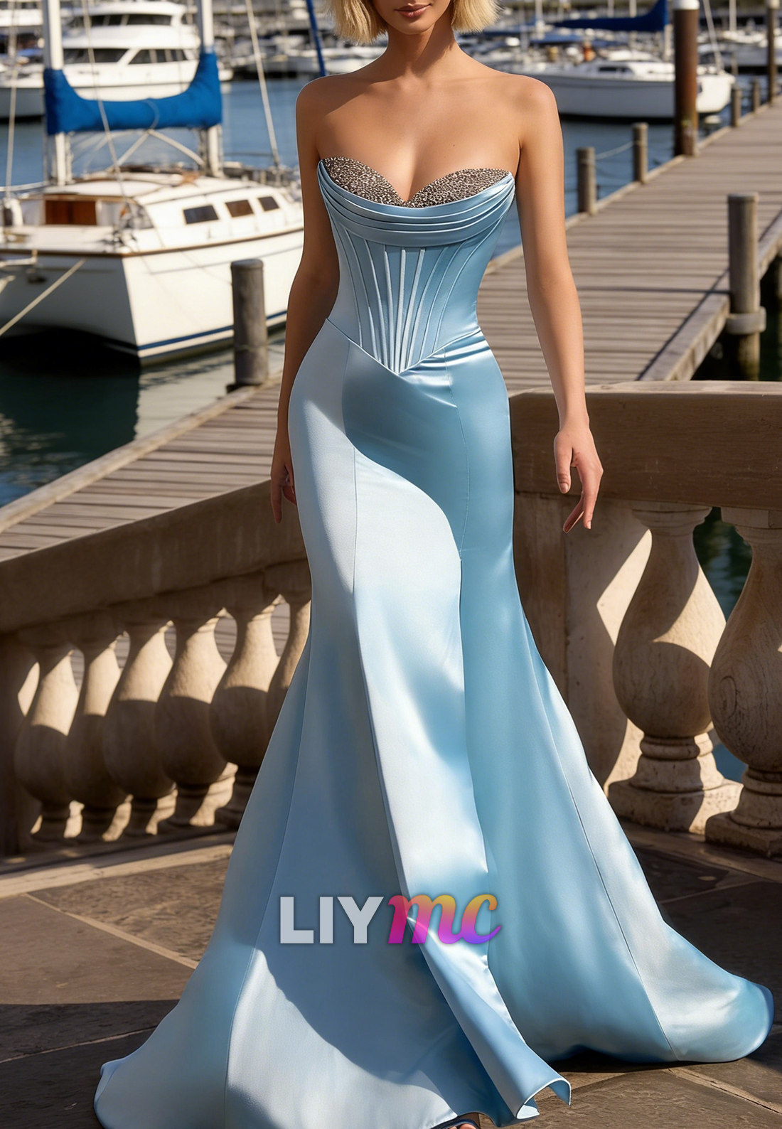 Sweetheart Beaded Mermaid Blue Prom Dress