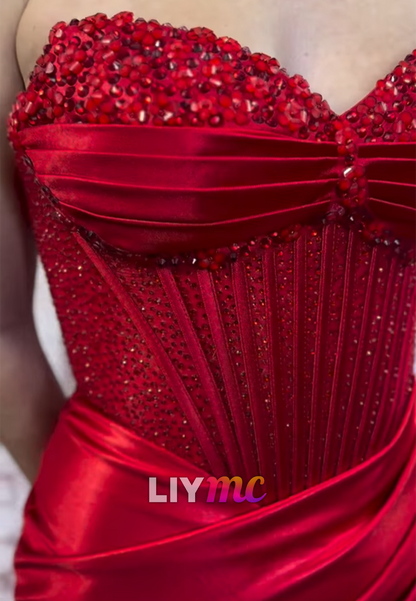 Sweetheart Beaded Satin Mermaid Red Prom Dress