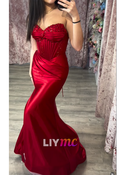 Sweetheart Beaded Satin Mermaid Red Prom Dress