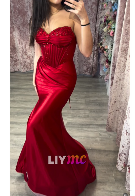 Sweetheart Beaded Satin Mermaid Red Prom Dress