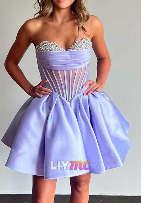 Sweetheart Beaded Sheer Corset A-Line Party Homecoming Dress