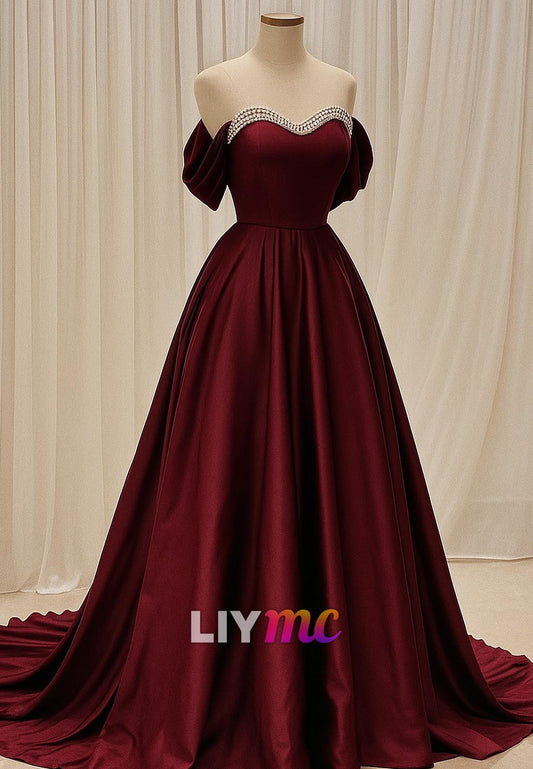Sweetheart Beaded Sleeeves Sleek A-Line Prom Dress
