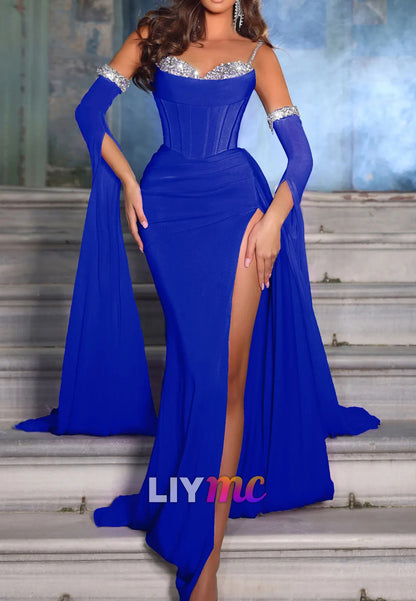 Sweetheart Beaded Spaghetti Straps Side Slit Sheath Prom Dress
