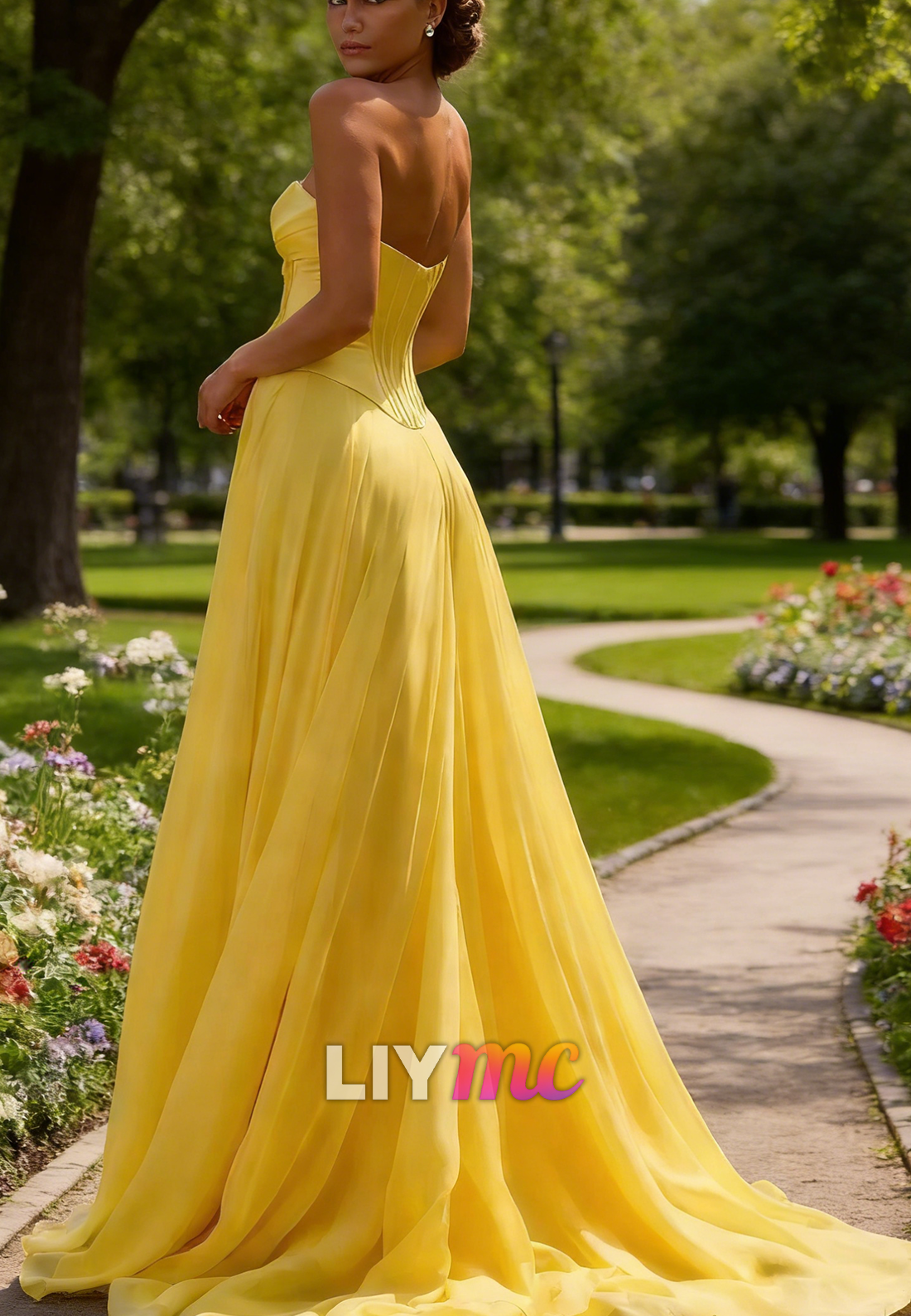 Sweetheart Bow Chiffon Side Slit A-Line Prom Dress