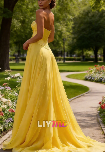 Sweetheart Bow Chiffon Side Slit A-Line Prom Dress