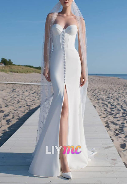 Sweetheart Button Slit Sleek Mermaid Simple Wedding Dress