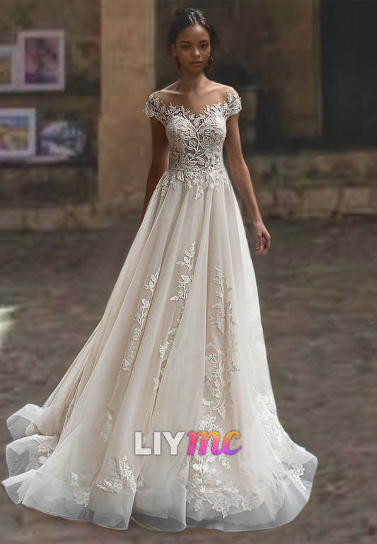 Sweetheart Cap Sleeves Appliques Tulle A-Line Wedding Dress