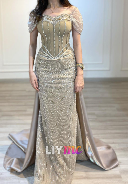 Sweetheart Cap Sleeves Beaded Embroidery Sparkly Sheath Evening Dress