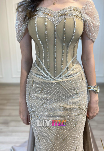 Sweetheart Cap Sleeves Beaded Embroidery Sparkly Sheath Evening Dress