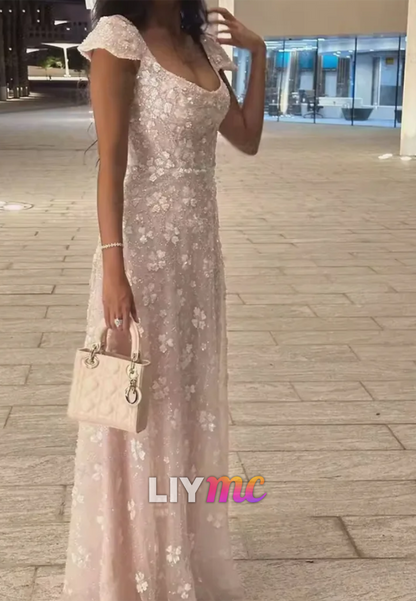 Scoop Cap Sleeves Floral Embellished A-Line Prom Dress