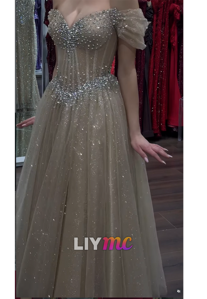 Sweetheart Cap Sleeves Sparkly A-Line Prom Dress