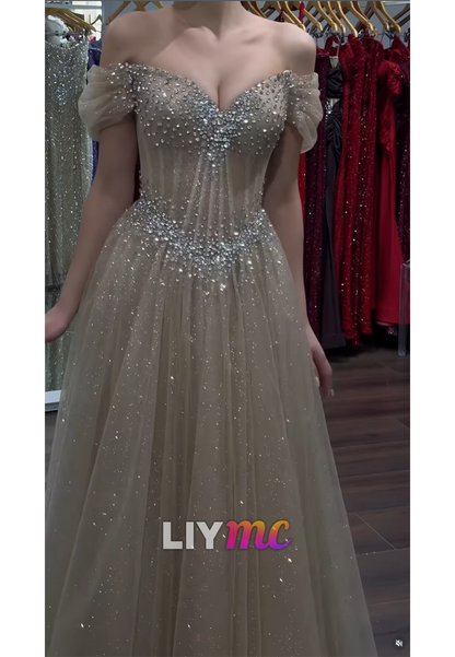 Sweetheart Cap Sleeves Sparkly A-Line Prom Dress