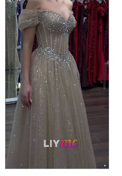 Sweetheart Cap Sleeves Sparkly A-Line Prom Dress