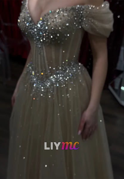 Sweetheart Cap Sleeves Sparkly A-Line Prom Dress