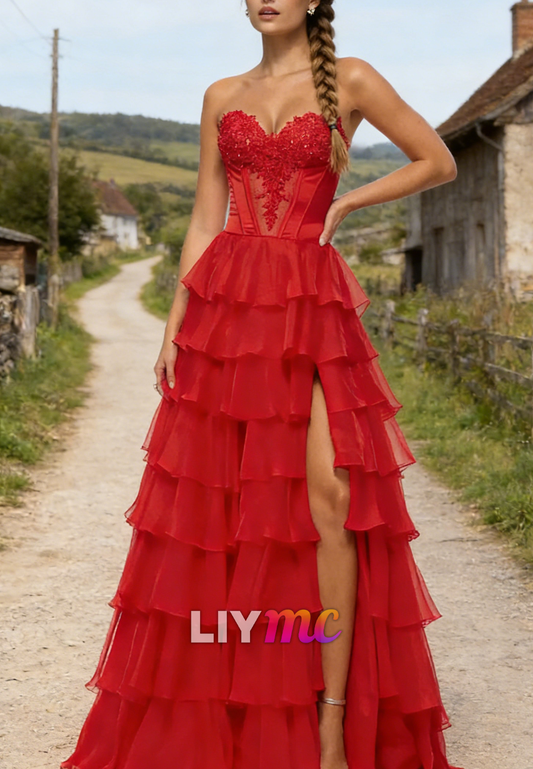 Sweetheart Chiffon Appliques Tiered A-Line Prom Dress