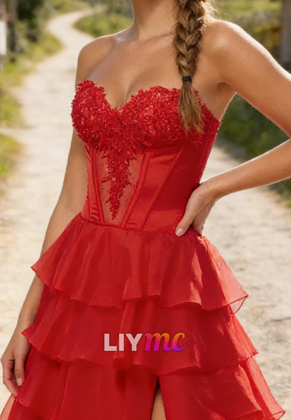 Sweetheart Chiffon Appliques Tiered A-Line Prom Dress