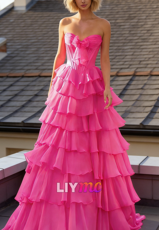 Sweetheart Chiffon Tiered A-Line Pink Prom Dress