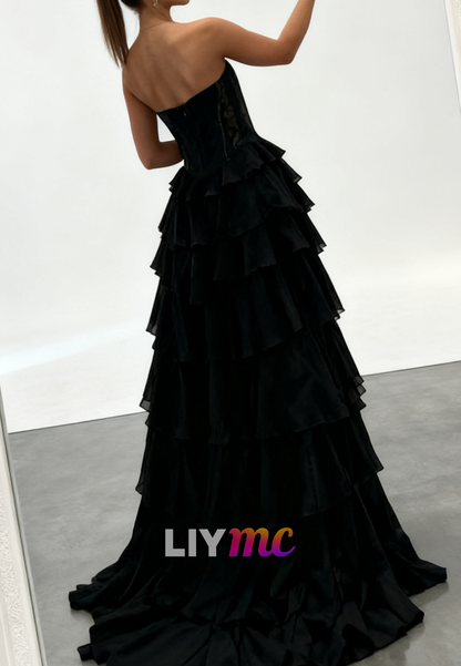 Sweetheart Chiffon Tiered Black Beaded Prom Dress