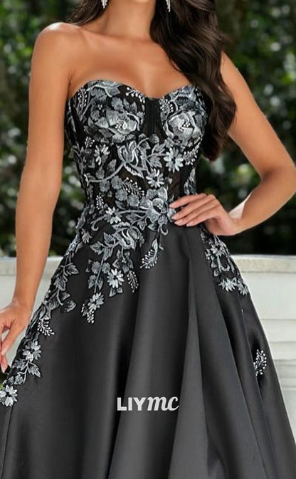 LP2003 - Sweetheart Floral Appliques A-Line Side Slit Prom Dress