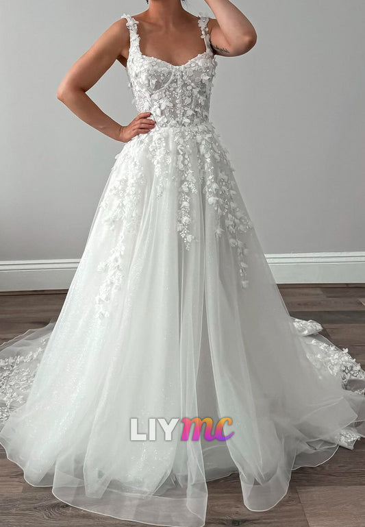 Sweetheart Floral Appliques Straps A-Line Wedding Dress