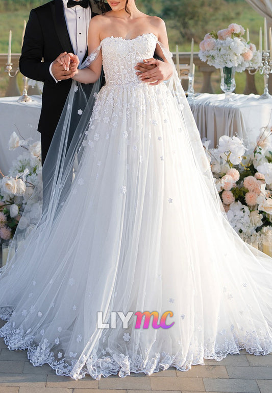 Sweetheart Floral Appliques Tulle Ball Gown Wedding Dress