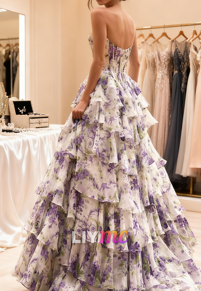 Sweetheart Floral Printed Appliques Chiffon Prom Dress