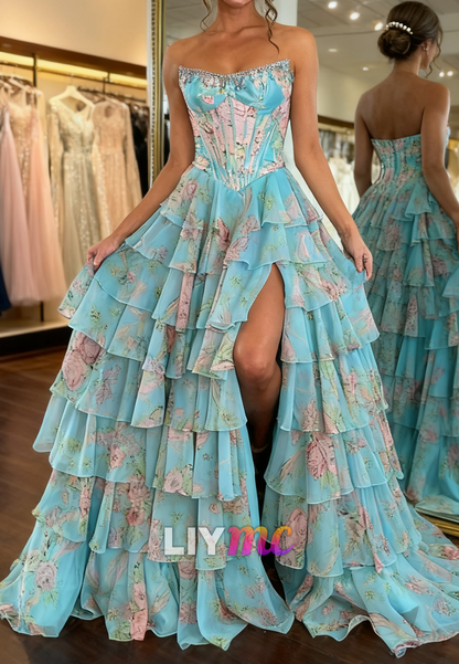 Sweetheart Floral Printed Chiffon Tiered A-Line Prom Dress