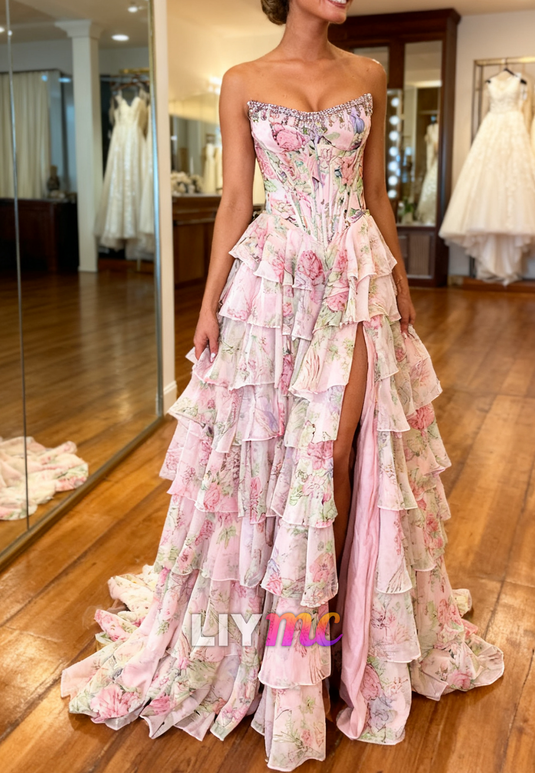 Sweetheart Floral Printed Chiffon Tiered A-Line Prom Dress