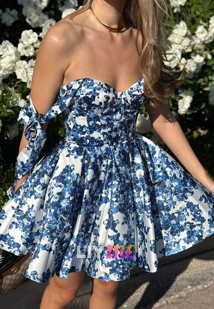 Sweetheart Floral Printed Pleated A-Line Party Homecoming Dress