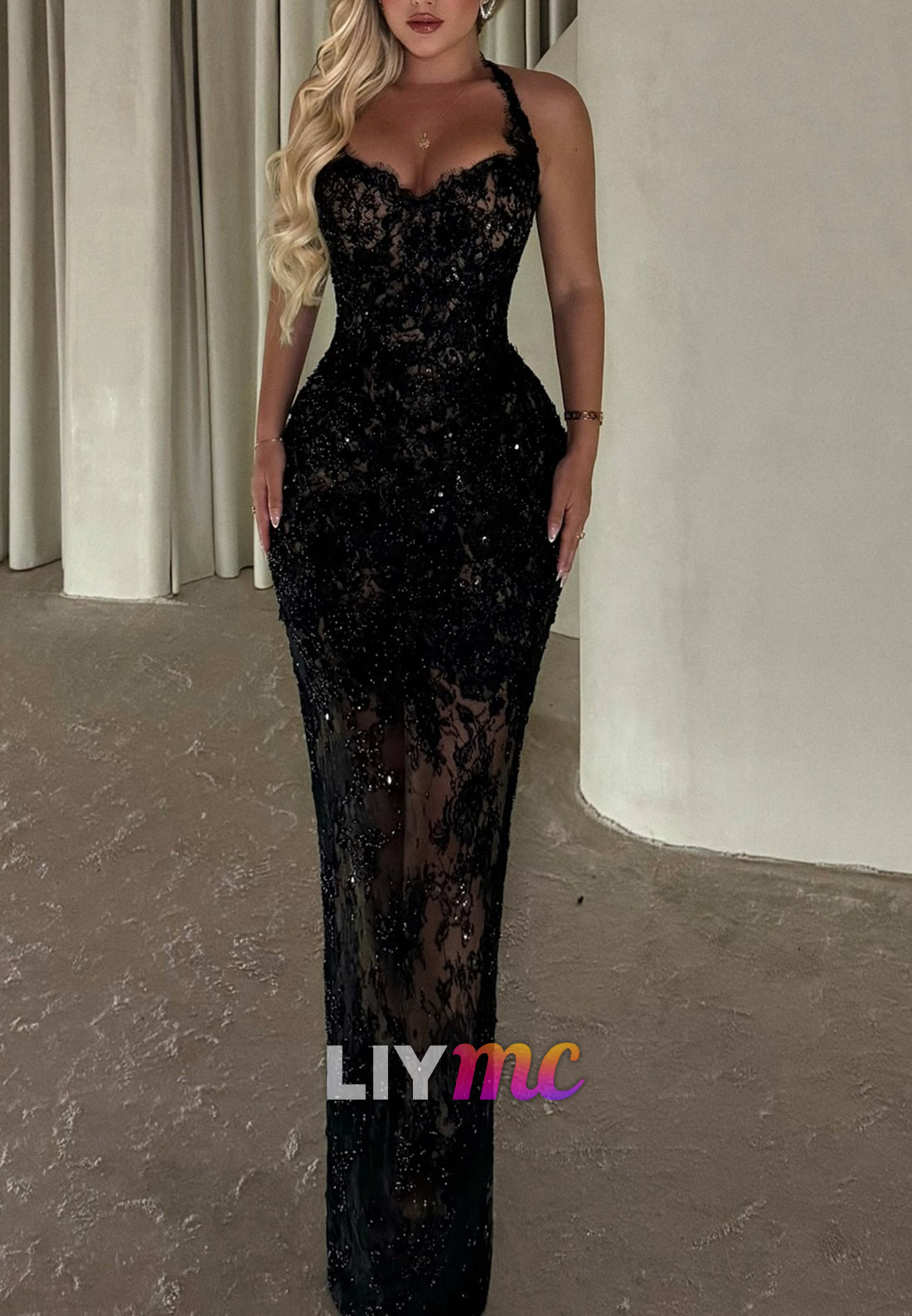 Sweetheart Halter Sequins Appliques Mermaid Prom Dress