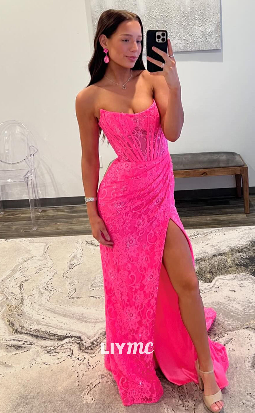 LP1259 - Sweetheart Lace Appliqued Pleats High Slit Sexy Prom Dresses