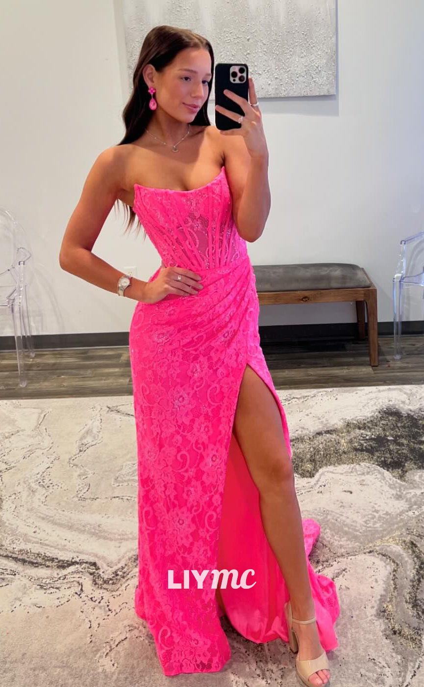 LP1259 - Sweetheart Lace Appliqued Pleats High Slit Sexy Prom Dresses