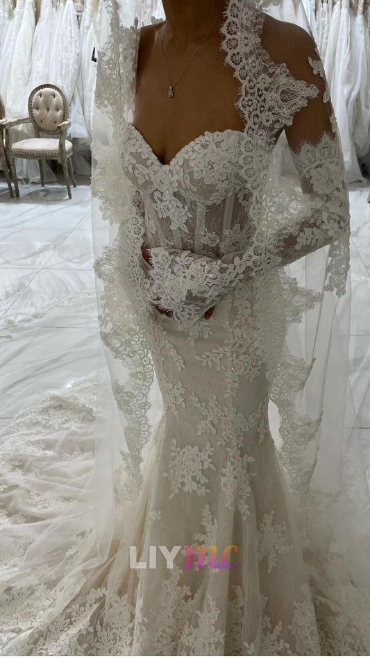 Sweetheart Lace Appliques Long Sleeves Mermaid Wedding Dress