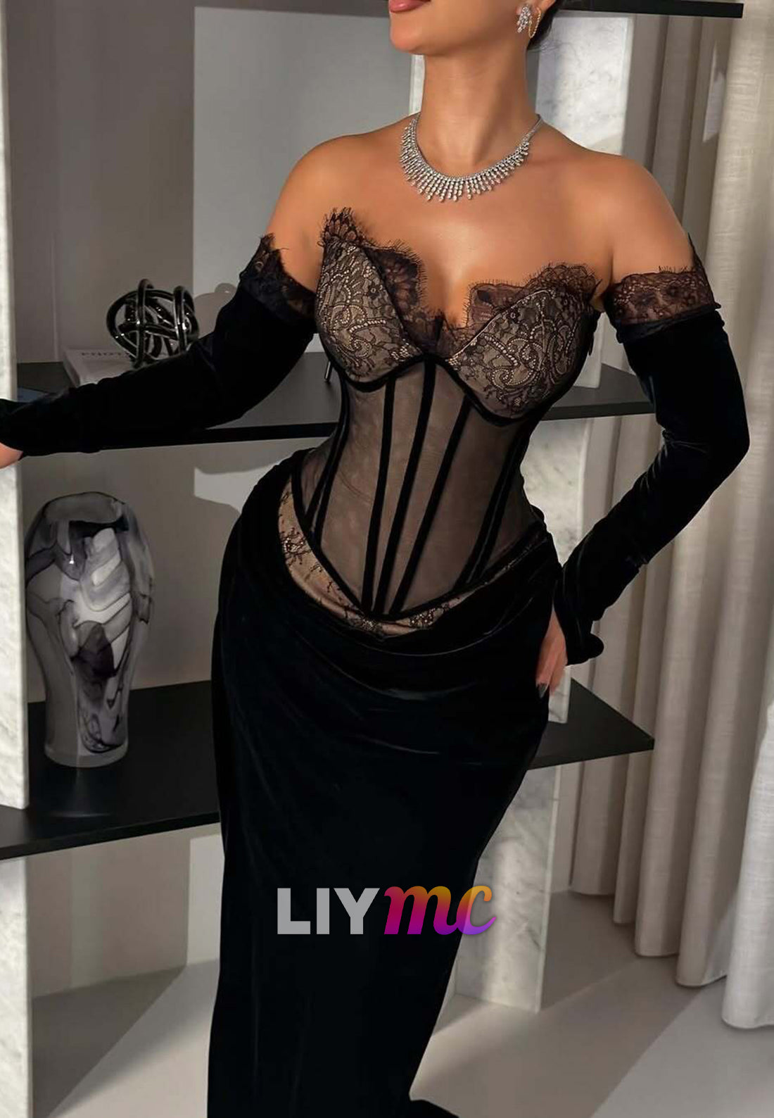 Sweetheart Lace Appliques Mermaid Evenig Dress with Gloves