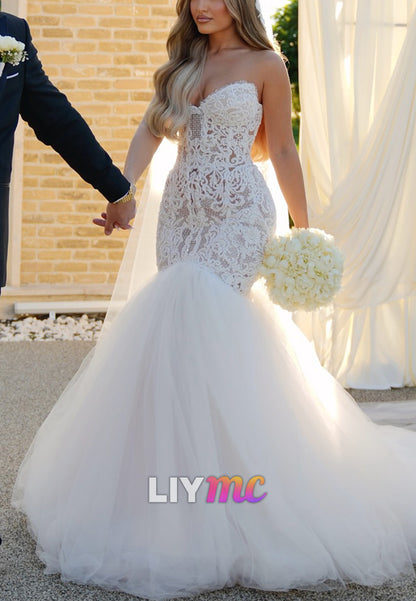 Sweetheart Lace Appliques Sleeveless Tulle Mermaid Wedding Dress