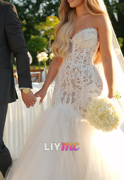 Sweetheart Lace Appliques Sleeveless Tulle Mermaid Wedding Dress