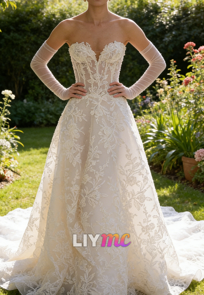 Sweetheart Lace Appliques Tulle Sleeveless A-Line Wedding Dress