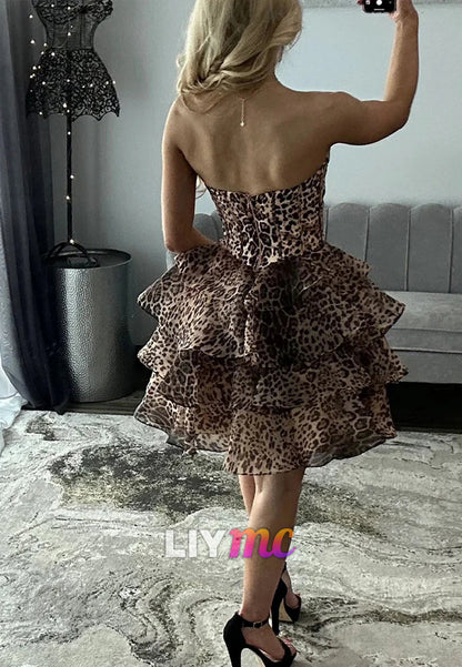 Sweetheart Leopart Printed Tiered A-Line Homecoming Dress