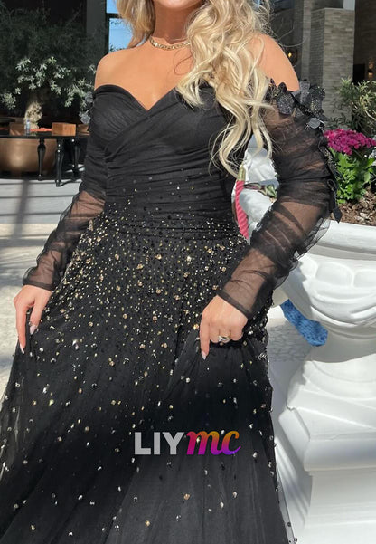 Sweetheart Long Sleeves Beaded Tulle Mermaid Evening Dress