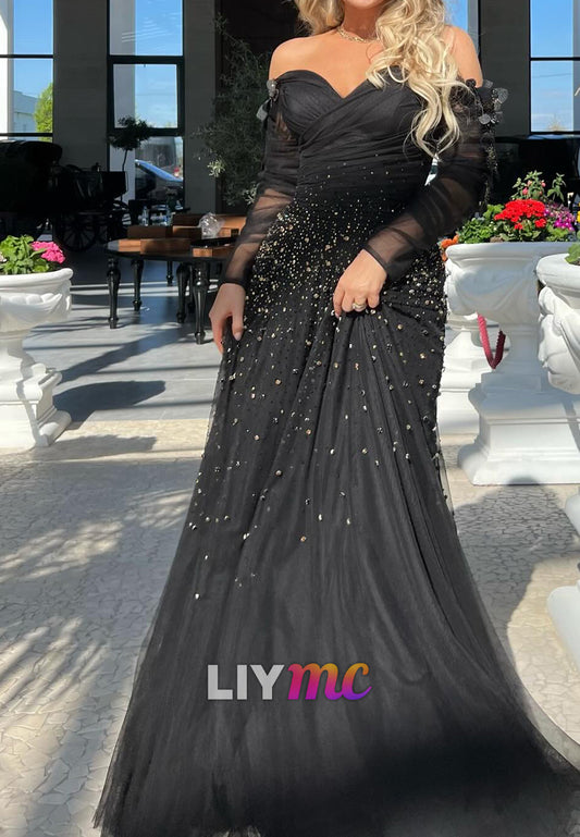 Sweetheart Long Sleeves Beaded Tulle Mermaid Evening Dress