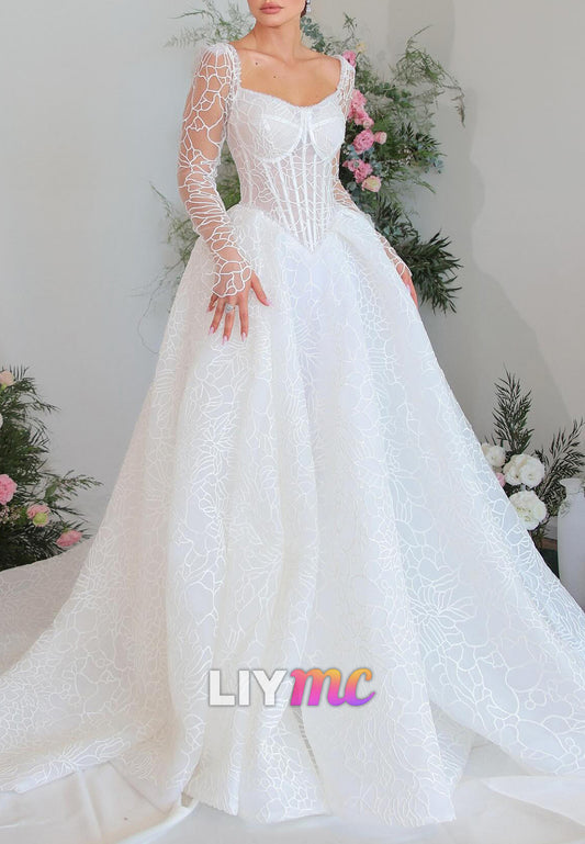 Sweetheart Long Sleeves Appliques A-Line Wedding Dress