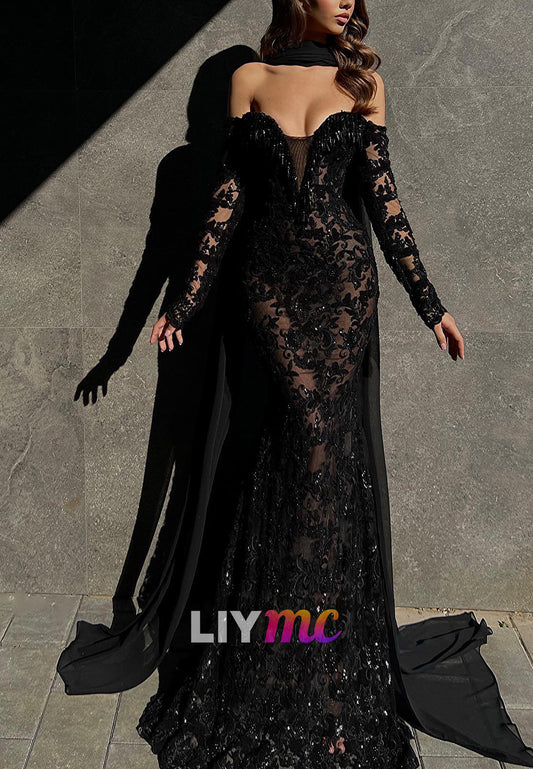 Sweetheart Long Sleeves Appliques Black Mermaid Prom Dress