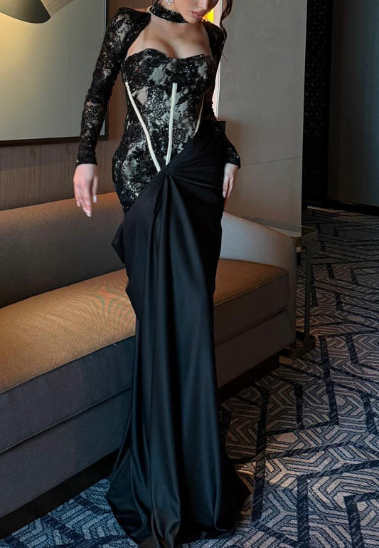 Sweetheart Long Sleeves Appliques Mermaid Evening Dress