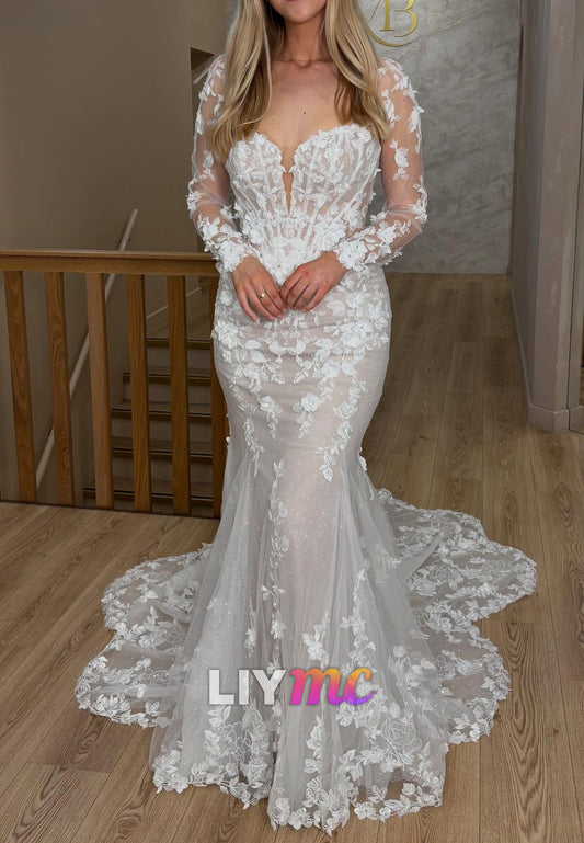 Sweetheart Long Sleeves Appliques Mermaid Wedding Dress