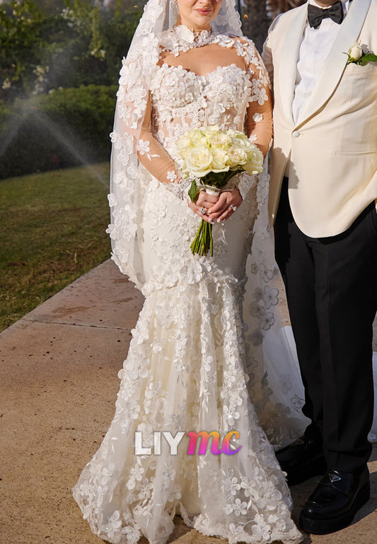 Sweetheart Long Sleeves Appliques Mermaid Wedding Dress